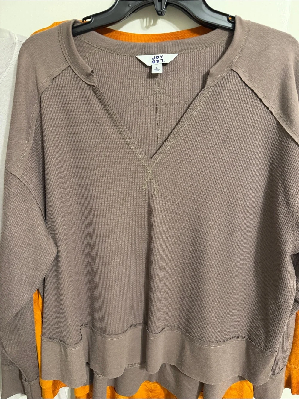 JoyLab Three-Pack Scoop & V-Notch Waffle Knit Tops — Taupe, Light Gray, Rust - Picture 4 of 4